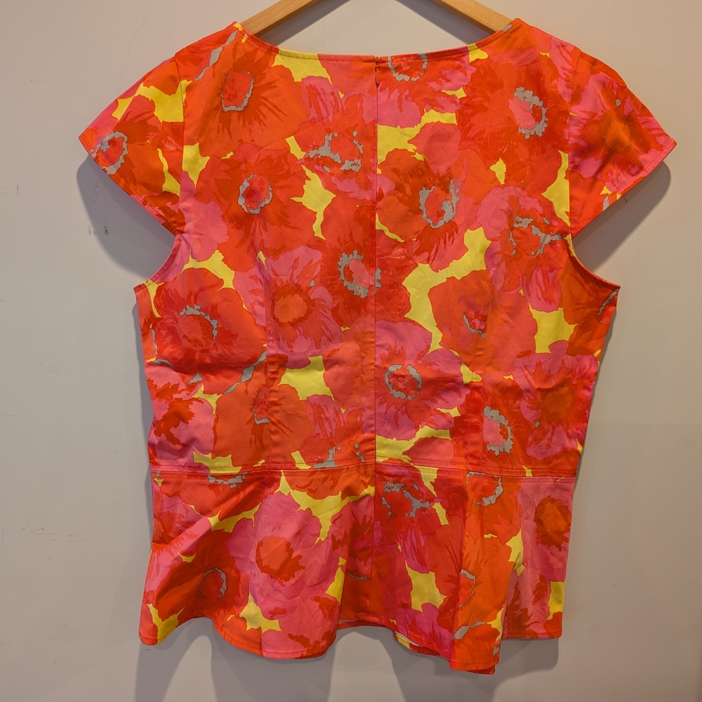 LOFT Floral Women's Blouse Red Pink Yellow Peplum Sz 14 Office Work Career